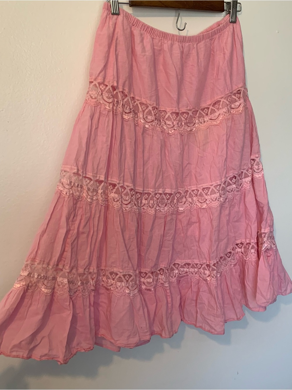 Vintage Boho Pink Crochet-Trim Maxi Skirt